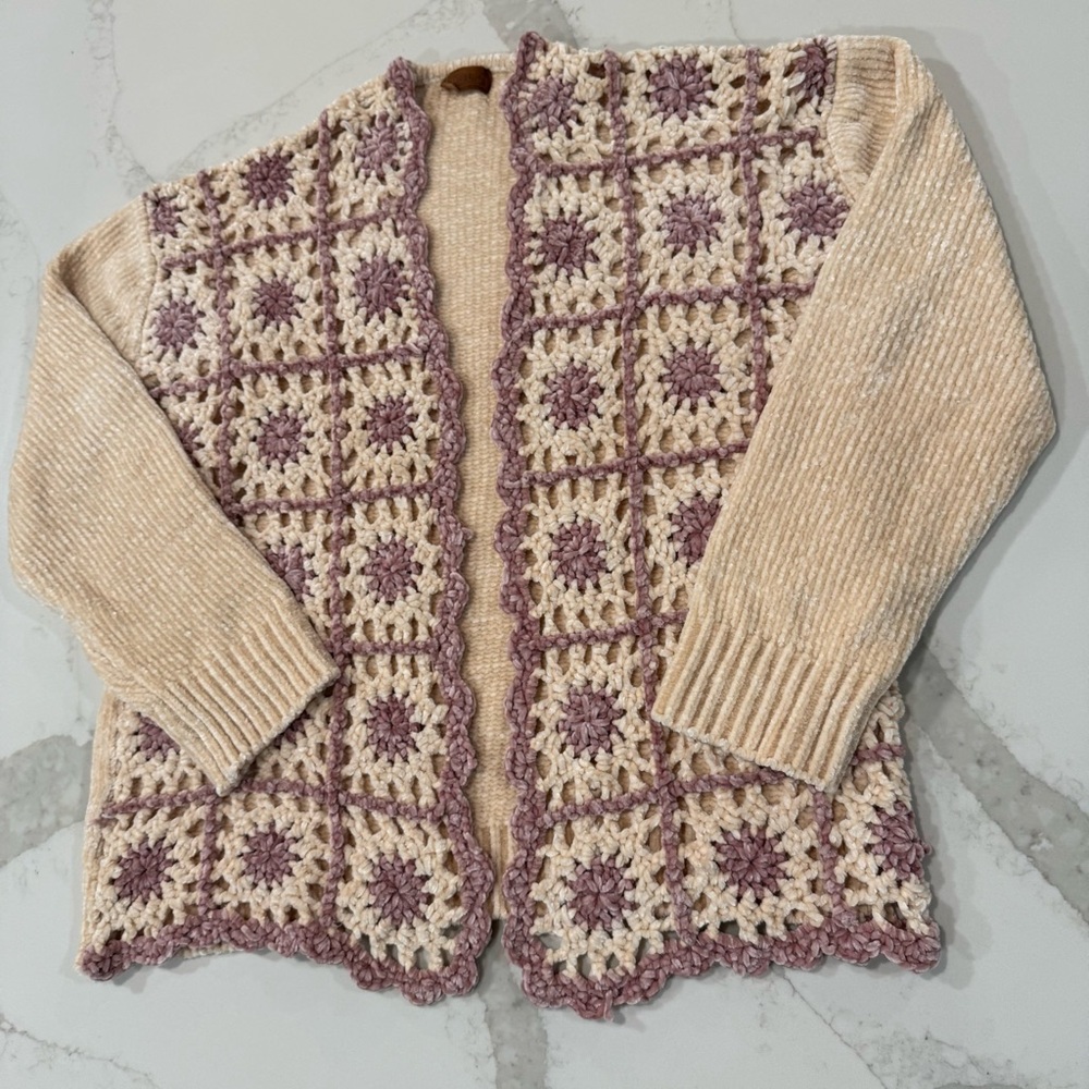 POL Chenille Granny Square Crochet Knit Cardigan Sweater Women’s Medium Vanilla - Picture 2 of 5